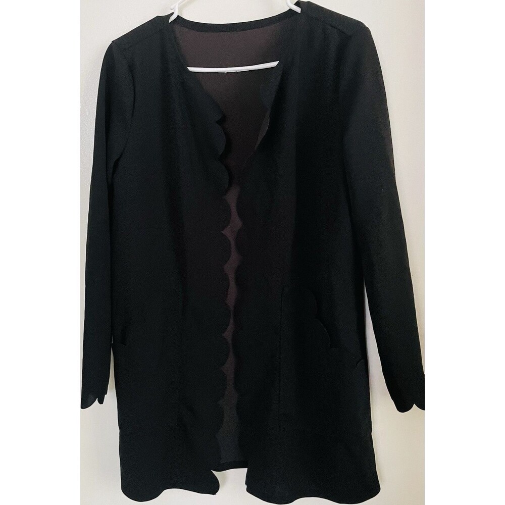 SHEIN Black Open Front Scalloped Edge Lightweight Mid-Length Jacket, S